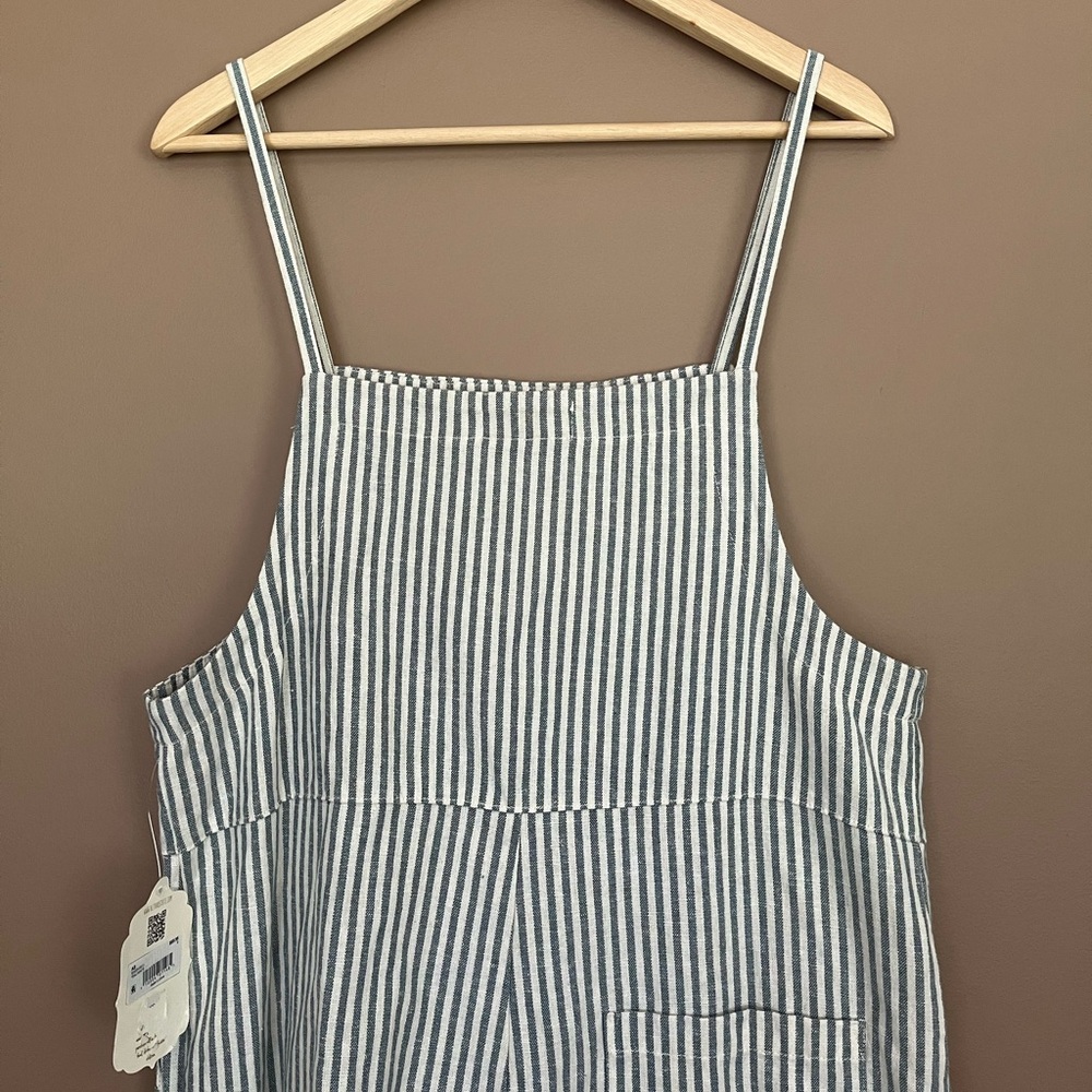 {Altar'd State} Striped Linen Blend Shortalls Romper in Blue & White - Small - Picture 5 of 10
